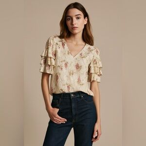 Rebecca Taylor Floral Ruffle Sleeve Blouse Cream Pink Size 4